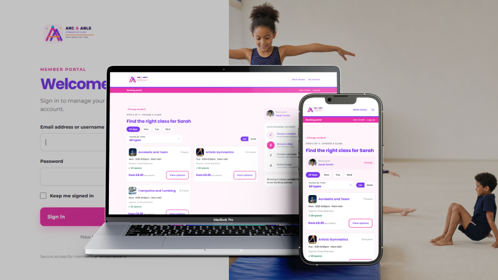 Arc and Able Gymnastics Club booking site shown on a laptop and phone in the club's branding