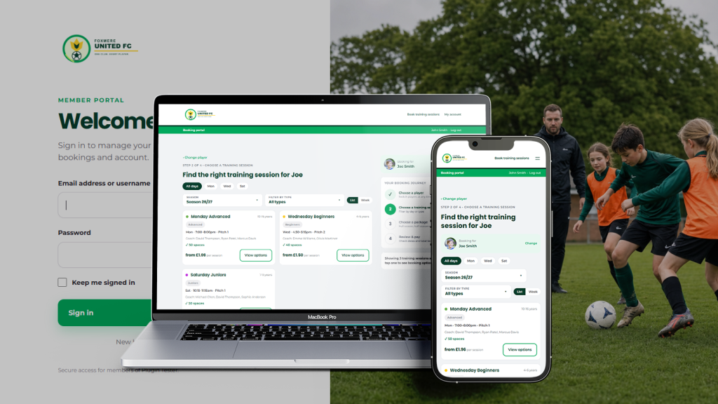 Foxmere United FC booking site shown on a laptop and phone in the club's branding