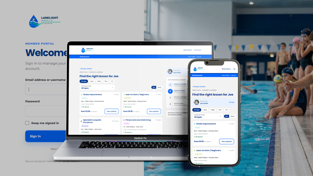 Lanelight Swimming Club booking site shown on a laptop and phone in the club's branding