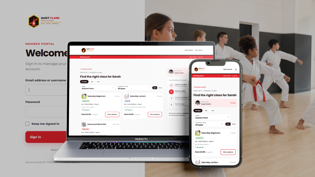 Quiet Flame Karate Academy booking site shown on a laptop and phone in the club's branding