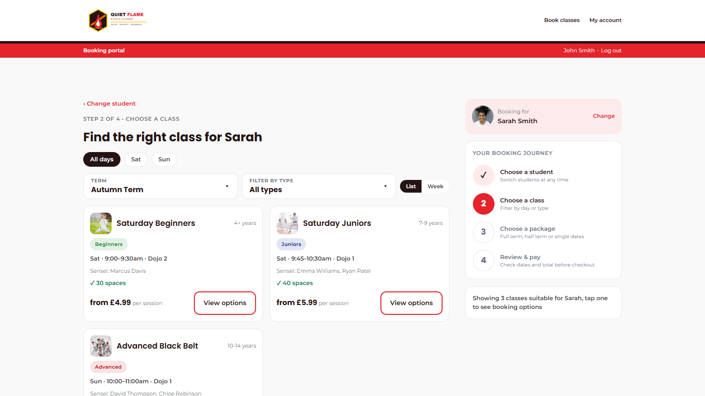 Quiet Flame Karate Academy booking site on desktop