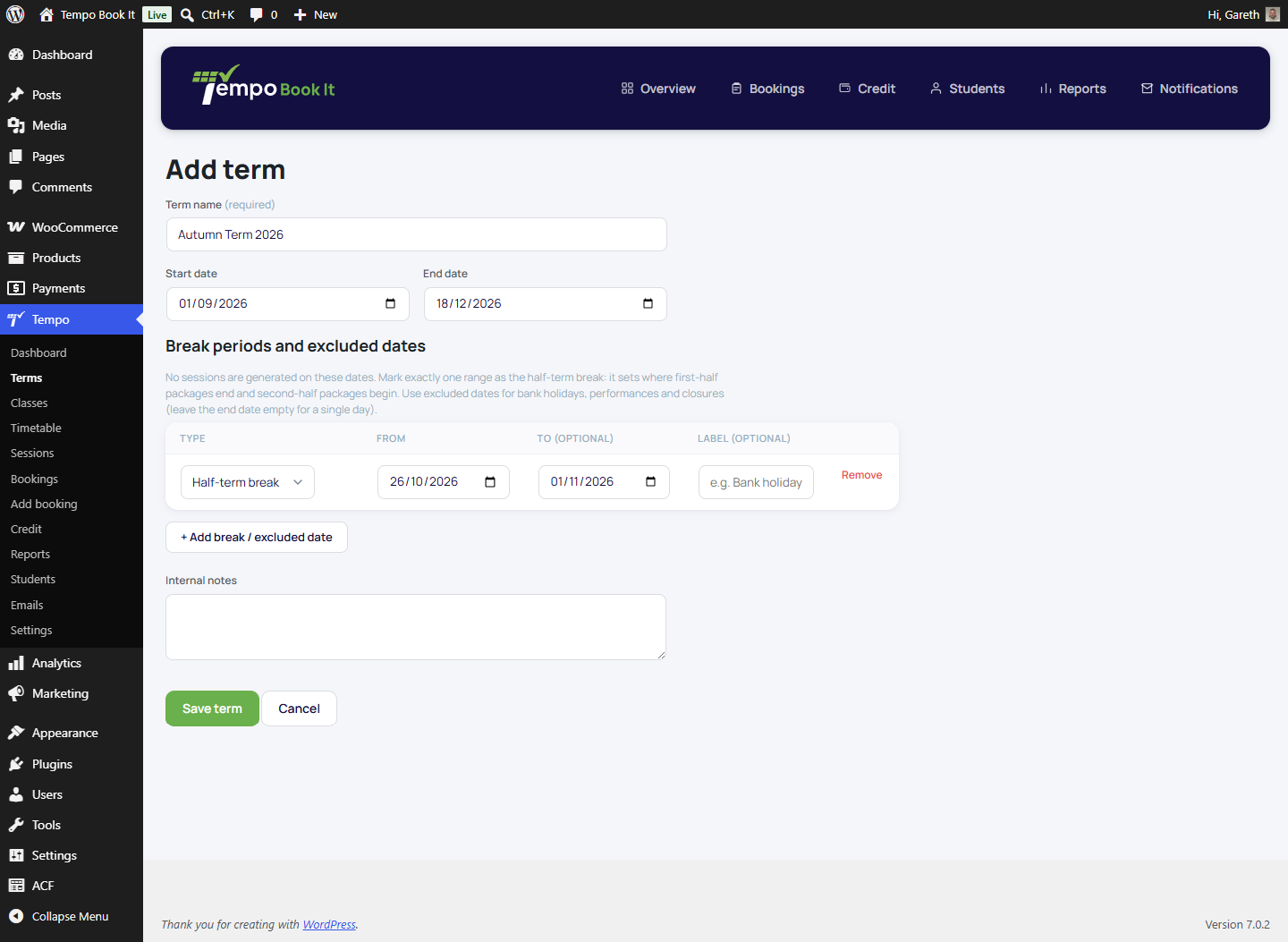 The Add term form with name, start/end dates and the break periods section visible.