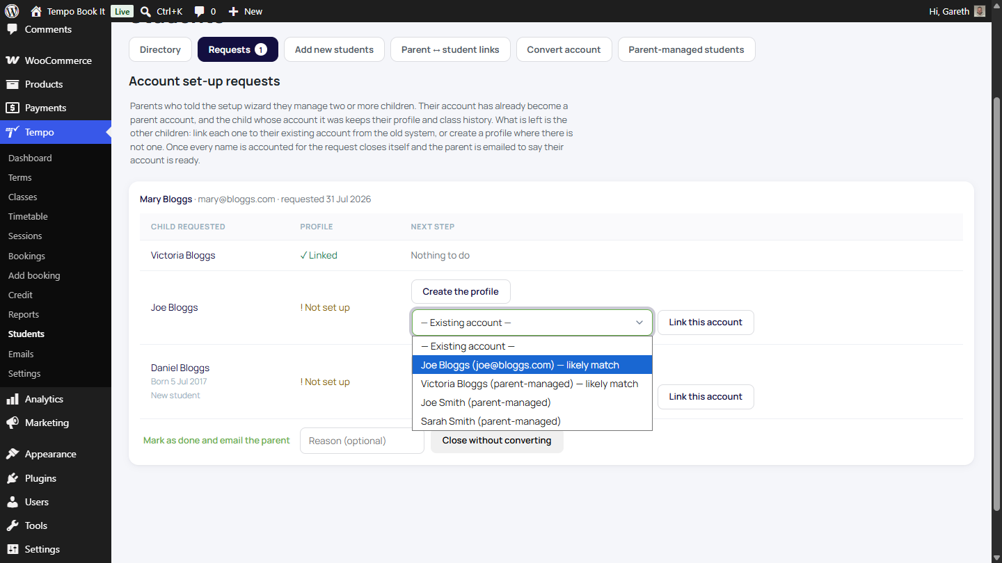 The Requests tab with a request open: parent details, the checklist of names with DOB/notes, link-or-create actions.