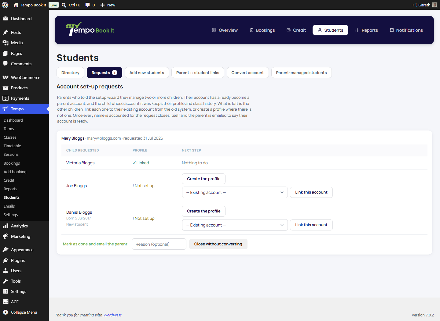 The Requests tab with a request open: parent details, the checklist of names with DOB/notes, link-or-create actions.