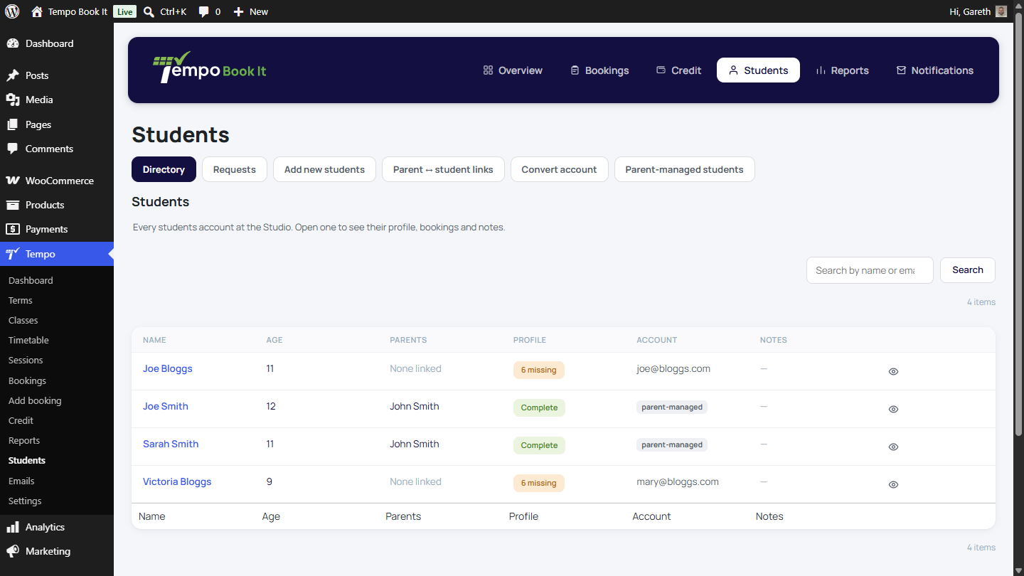 The Directory tab with the Profile column showing a "2 missing" hover.