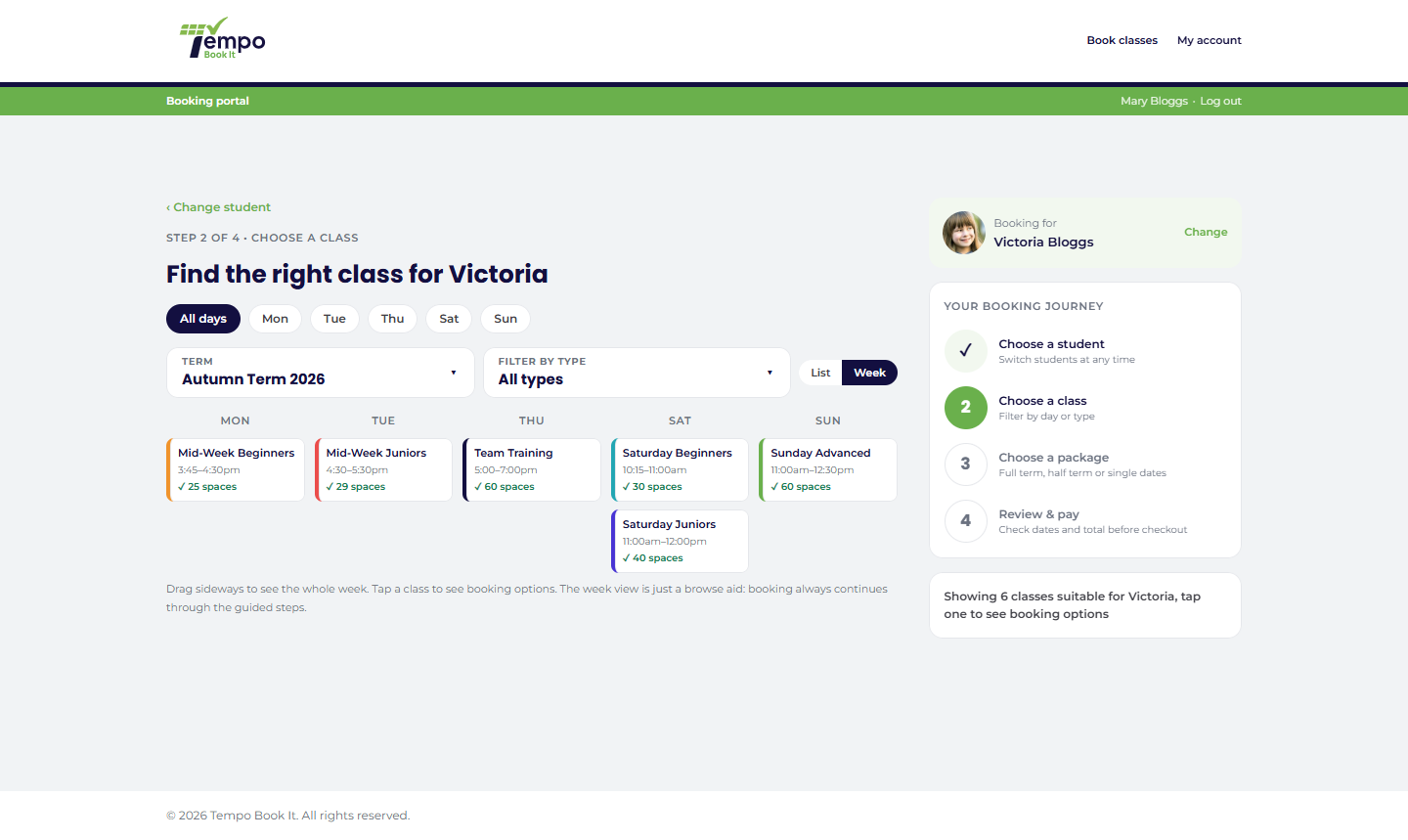 The class discovery step, list and week views.