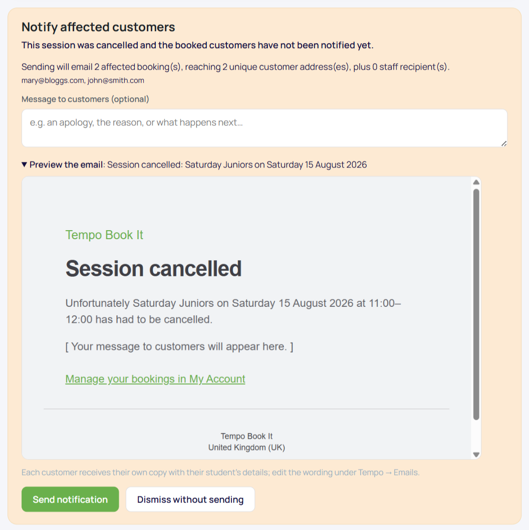 The notify panel: recipient list, previewed email with the locked details block and the custom message box.