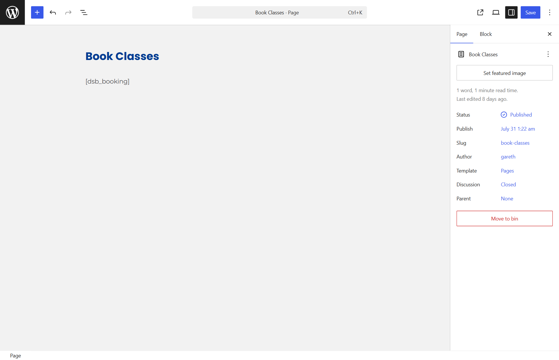 The Book classes page open in the WordPress editor, showing the dsb_booking shortcode in the content.
