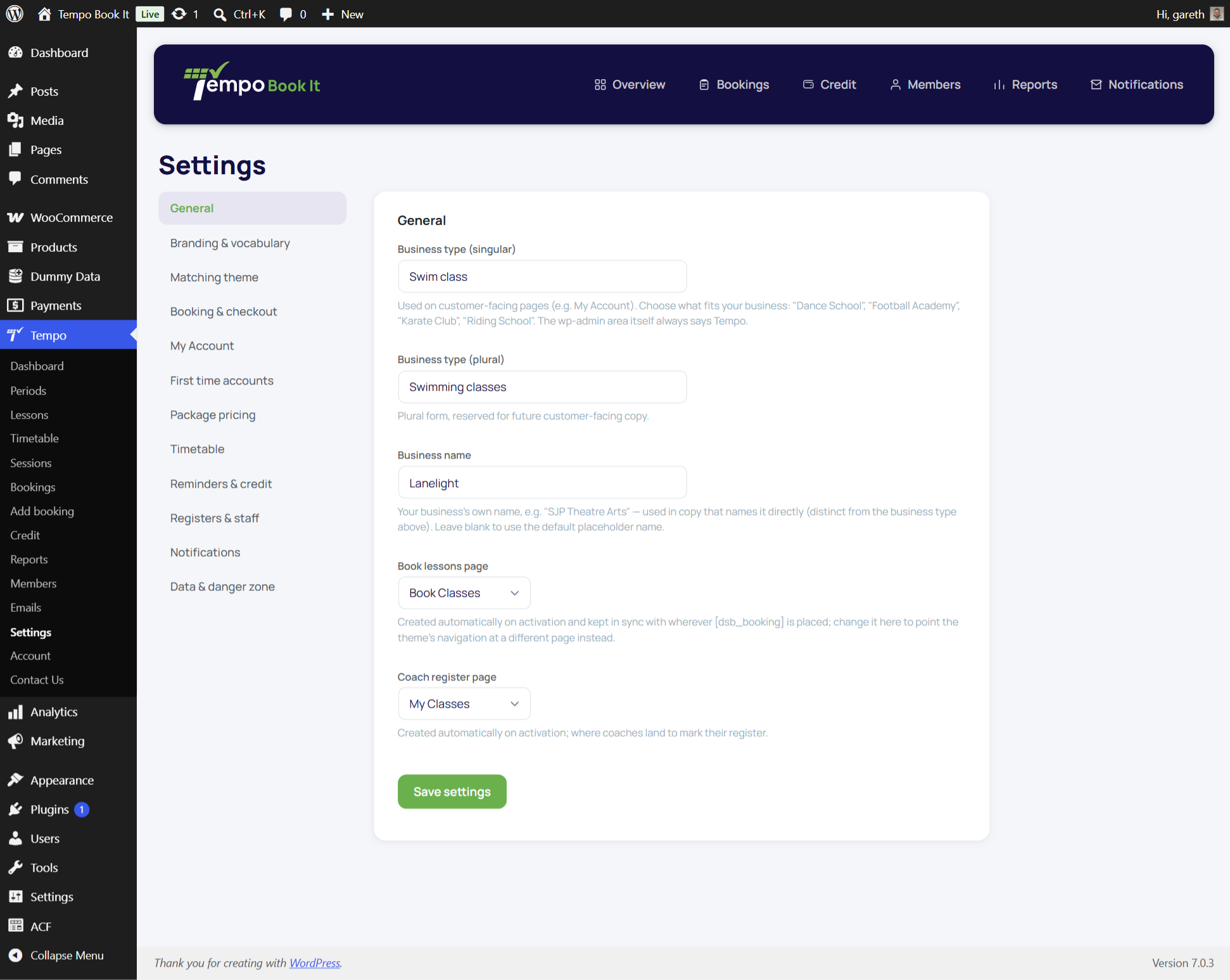 Settings → General showing the Book classes page selector; or the Dashboard System health card with the Book classes page check passing.