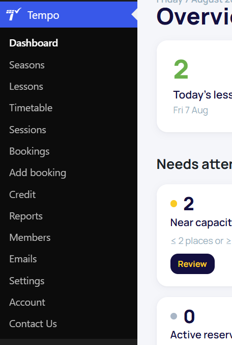 The wp-admin sidebar showing the new Tempo menu expanded: Dashboard, Terms, Classes, Timetable, Sessions, Bookings, Reports, Emails, Settings.