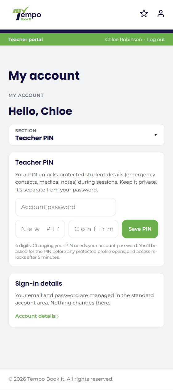 The My Account Teacher PIN page.