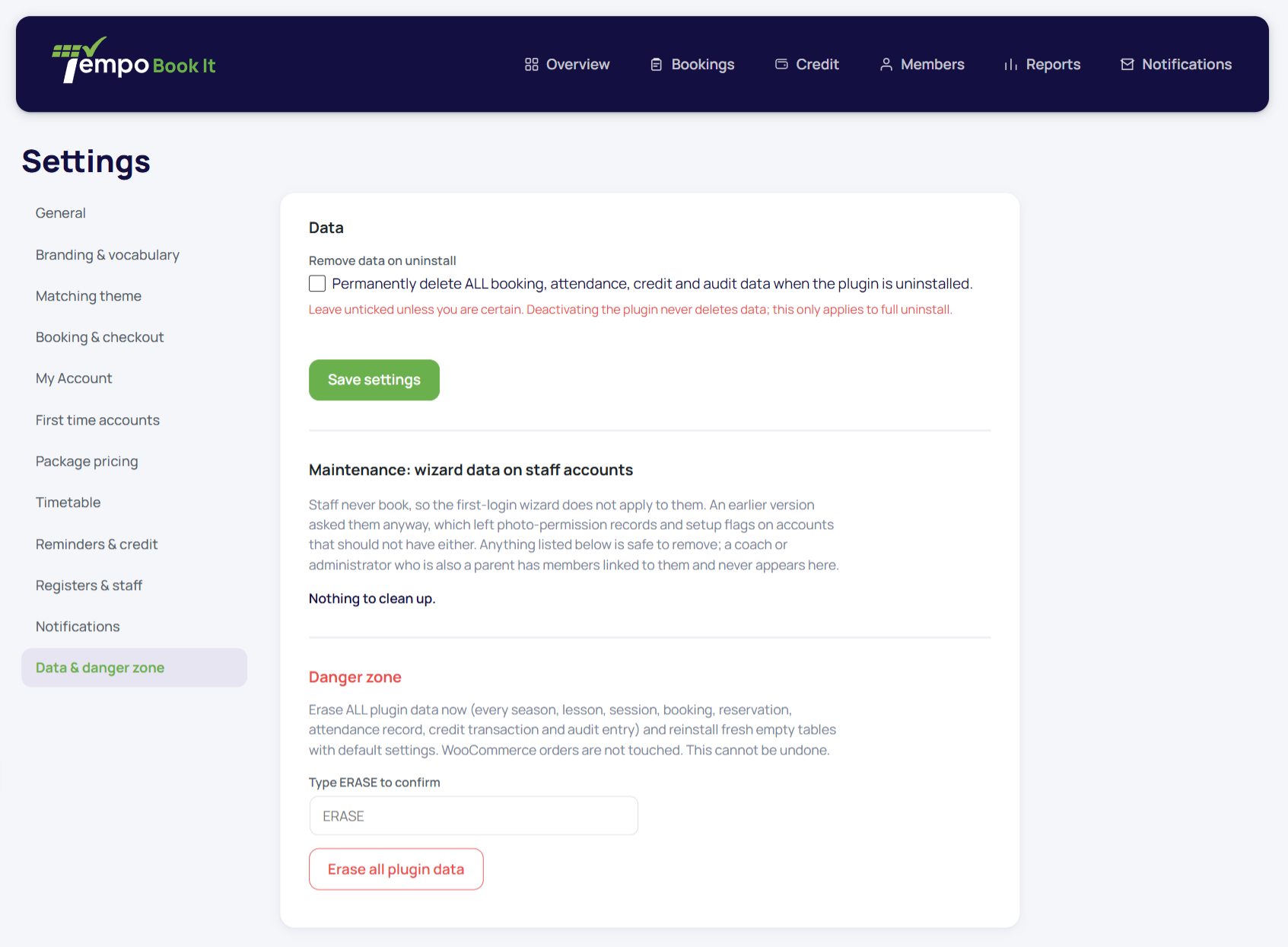 The Data & danger zone tab: the uninstall opt-in and the type-ERASE confirmation.