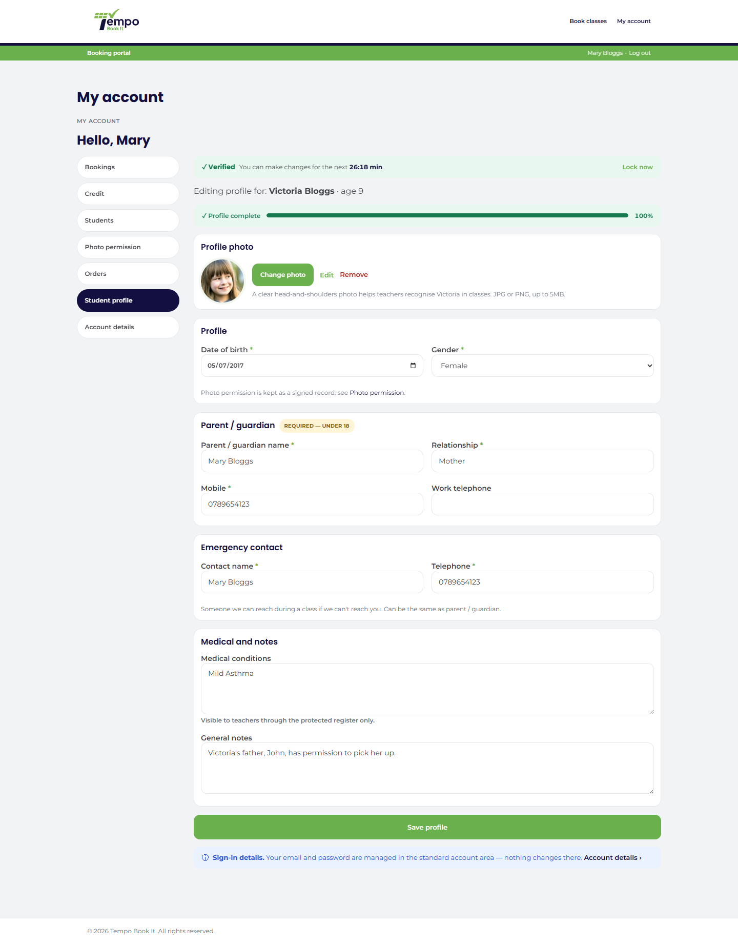 The Student profile tab with completeness bar.
