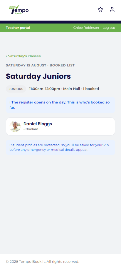 The register day view on a phone: class cards with progress badges.