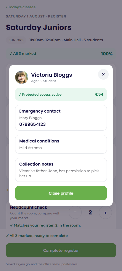 The PIN prompt and an unlocked protected profile with the access-window countdown.