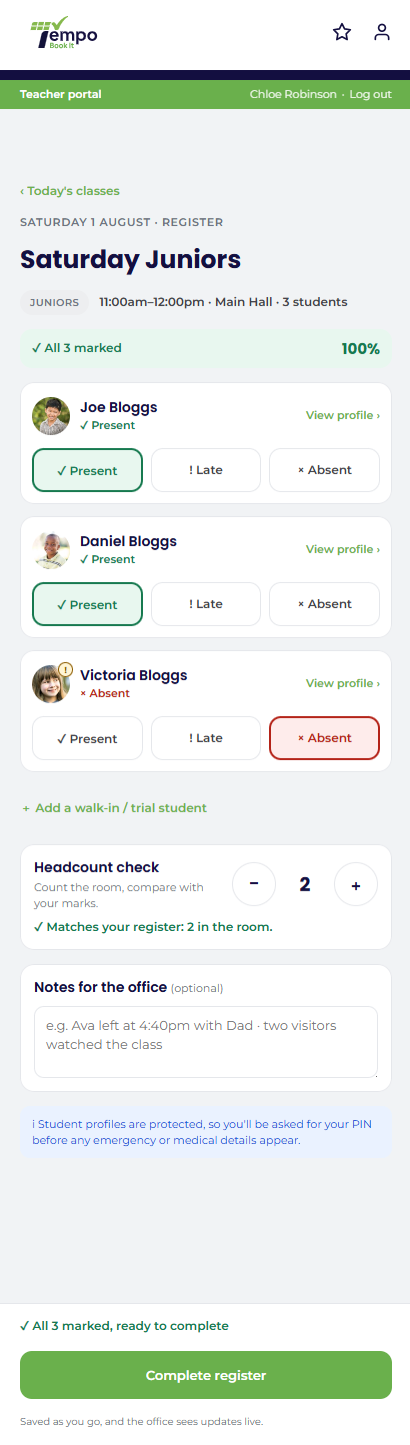 A register in progress: status chips, a pre-marked reported absence, the mark-all button.